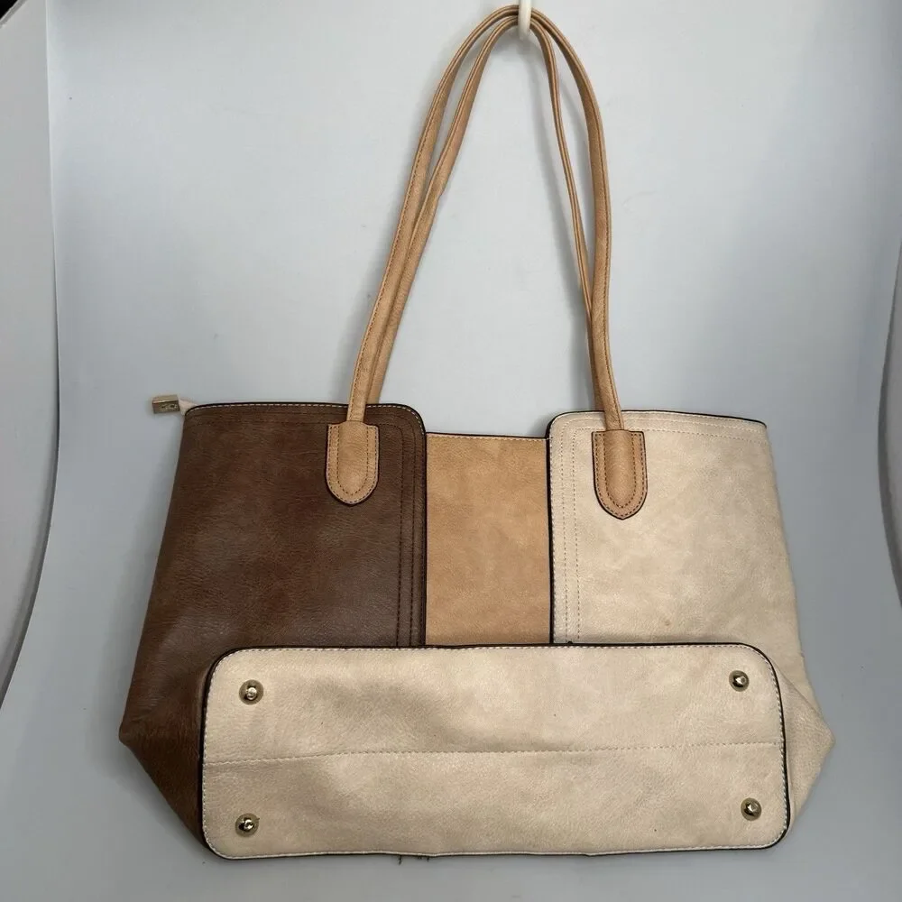 Montana West Tri-Color Cream Tan Brown Tote Vegan Leather Purse Zip Close Studde
